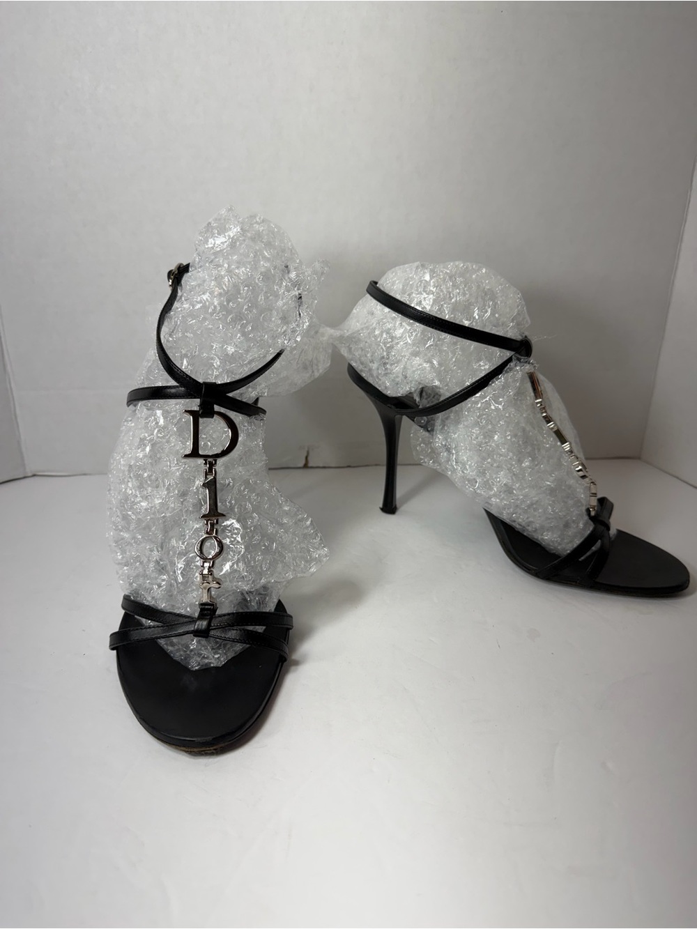 Vintage Dior Black Leather T-Strap Stiletto Sandals size 38(7.5US) Y2K